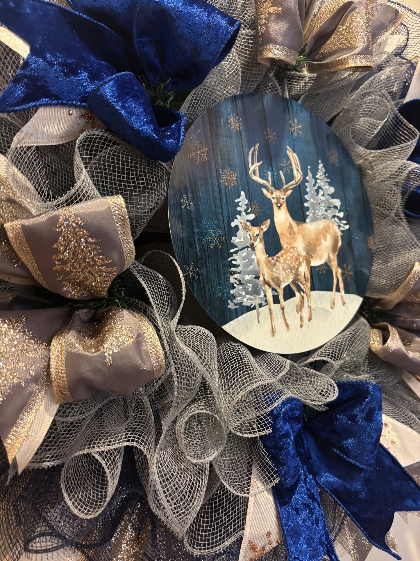 Winter Blue Velvet & Gold Deer Handmade Custom Wreath