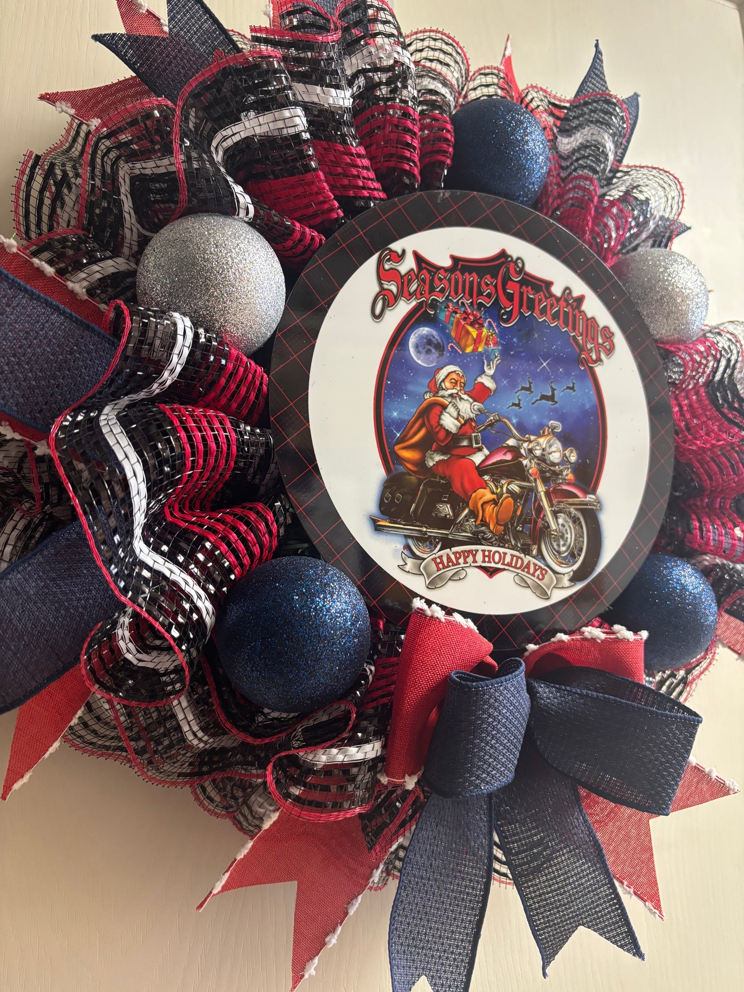 Season's Greetings Motorcycle Santa Handmade Custom Wreath