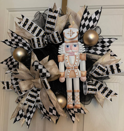 Black & Gold Nutcracker Handmade Custom Wreath