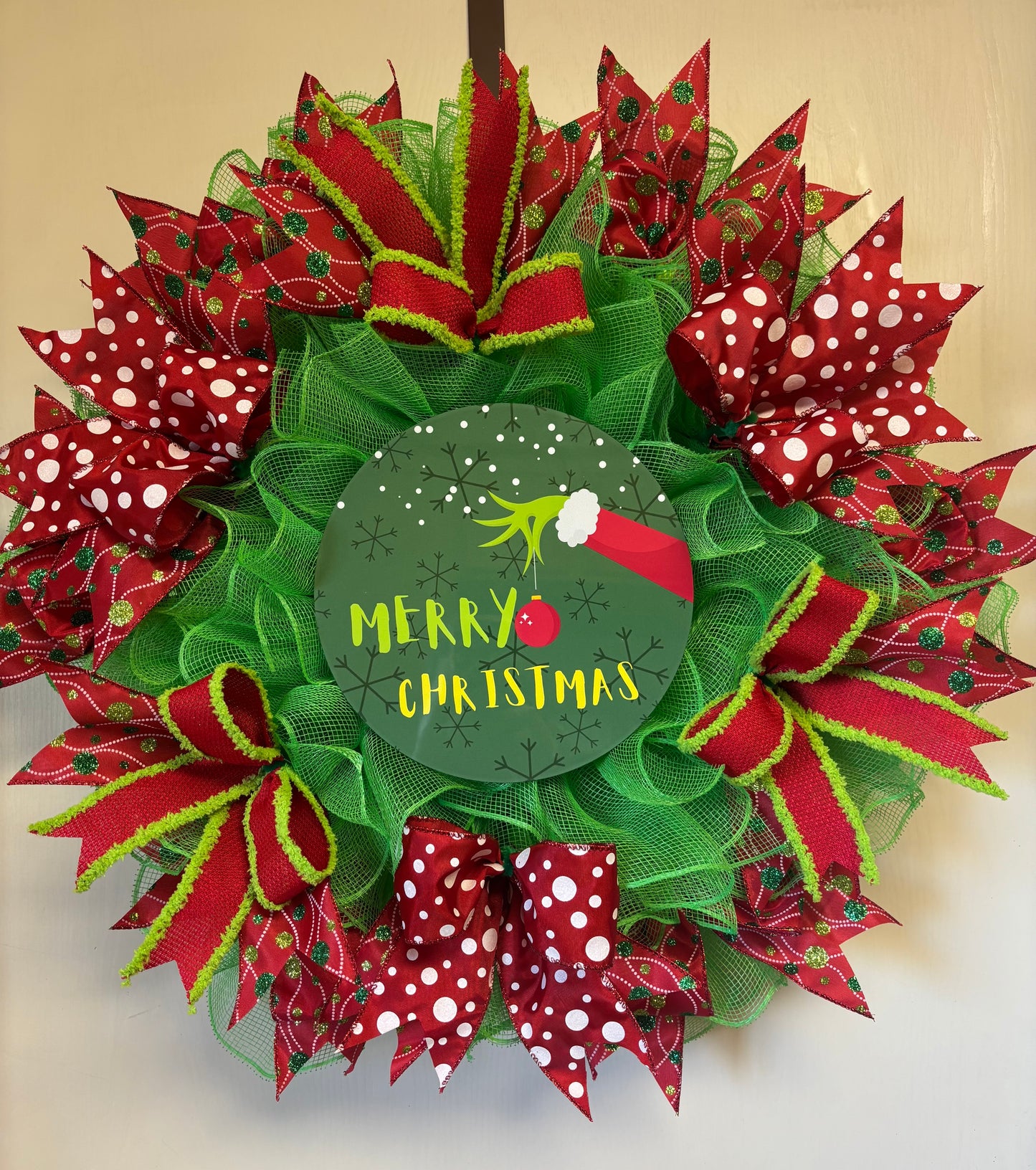 Green Monster Hand & Ornament Merry Christmas Handmade Custom Wreath