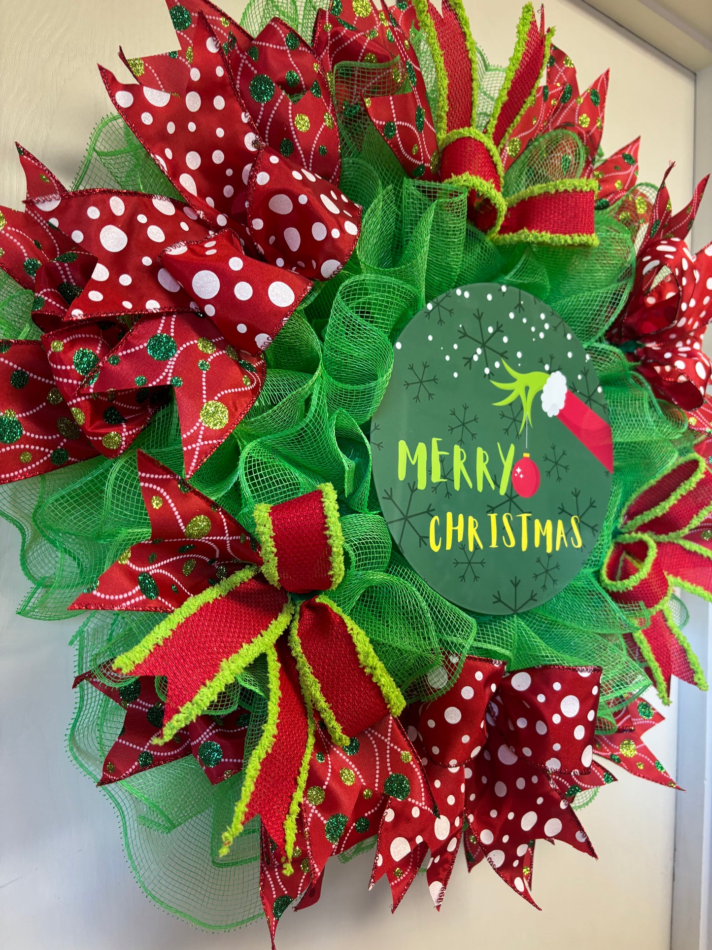 Green Monster Hand & Ornament Merry Christmas Handmade Custom Wreath