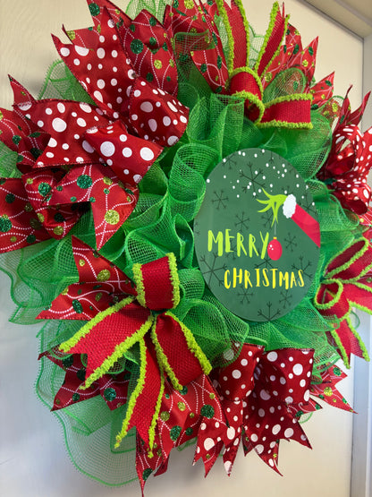 Green Monster Hand & Ornament Merry Christmas Handmade Custom Wreath