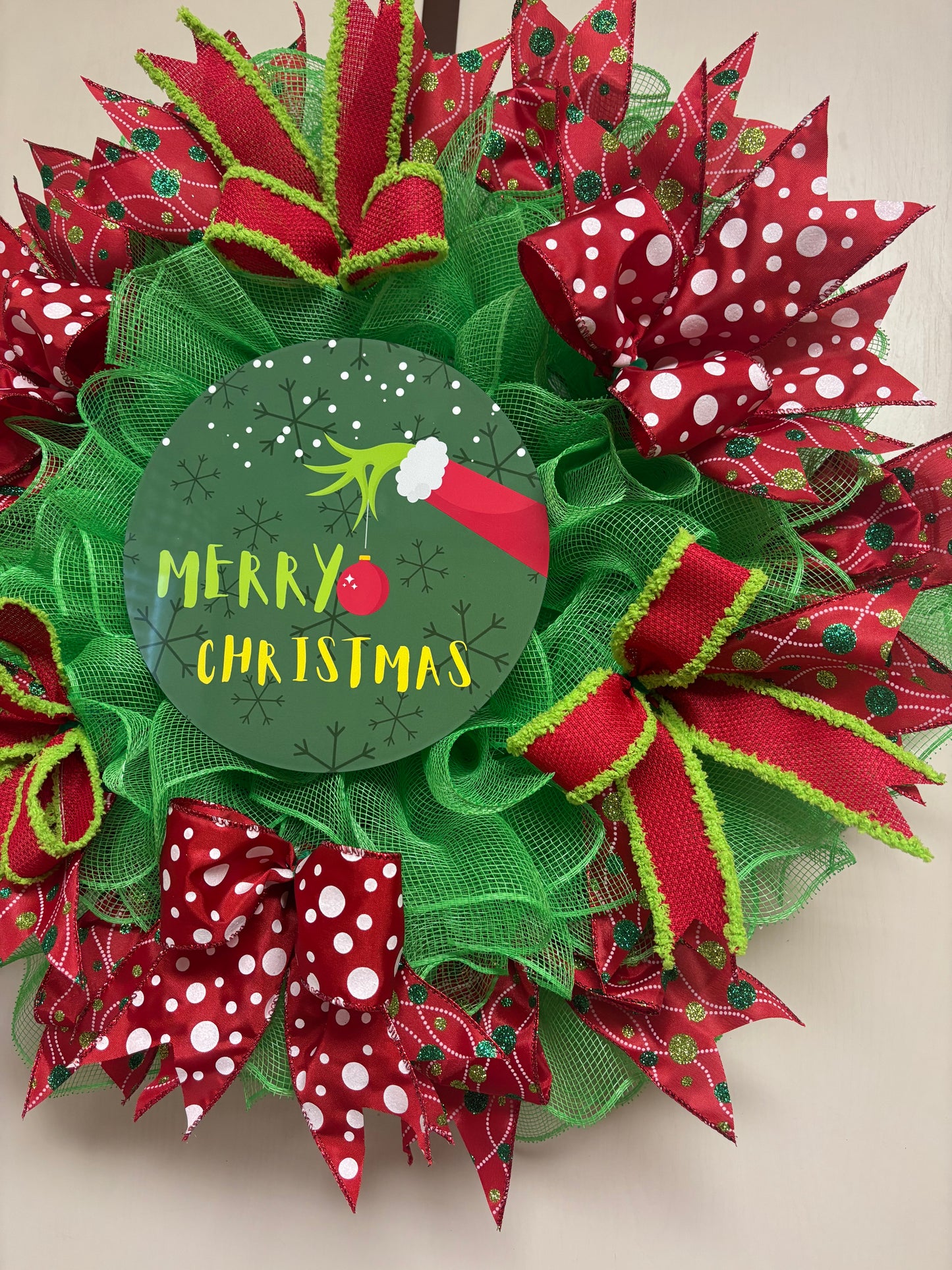 Green Monster Hand & Ornament Merry Christmas Handmade Custom Wreath