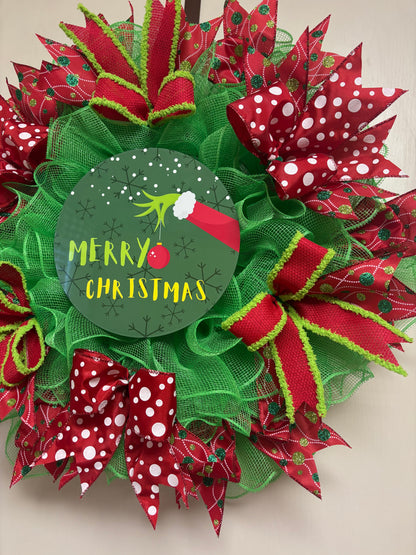 Green Monster Hand & Ornament Merry Christmas Handmade Custom Wreath