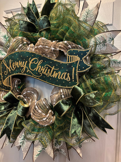 Green & Gold Merry Christmas Banner Handmade Custom Wreath