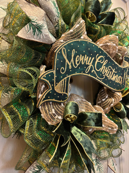 Green & Gold Merry Christmas Banner Handmade Custom Wreath