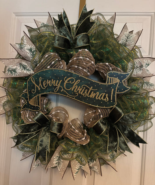 Green & Gold Merry Christmas Banner Handmade Custom Wreath
