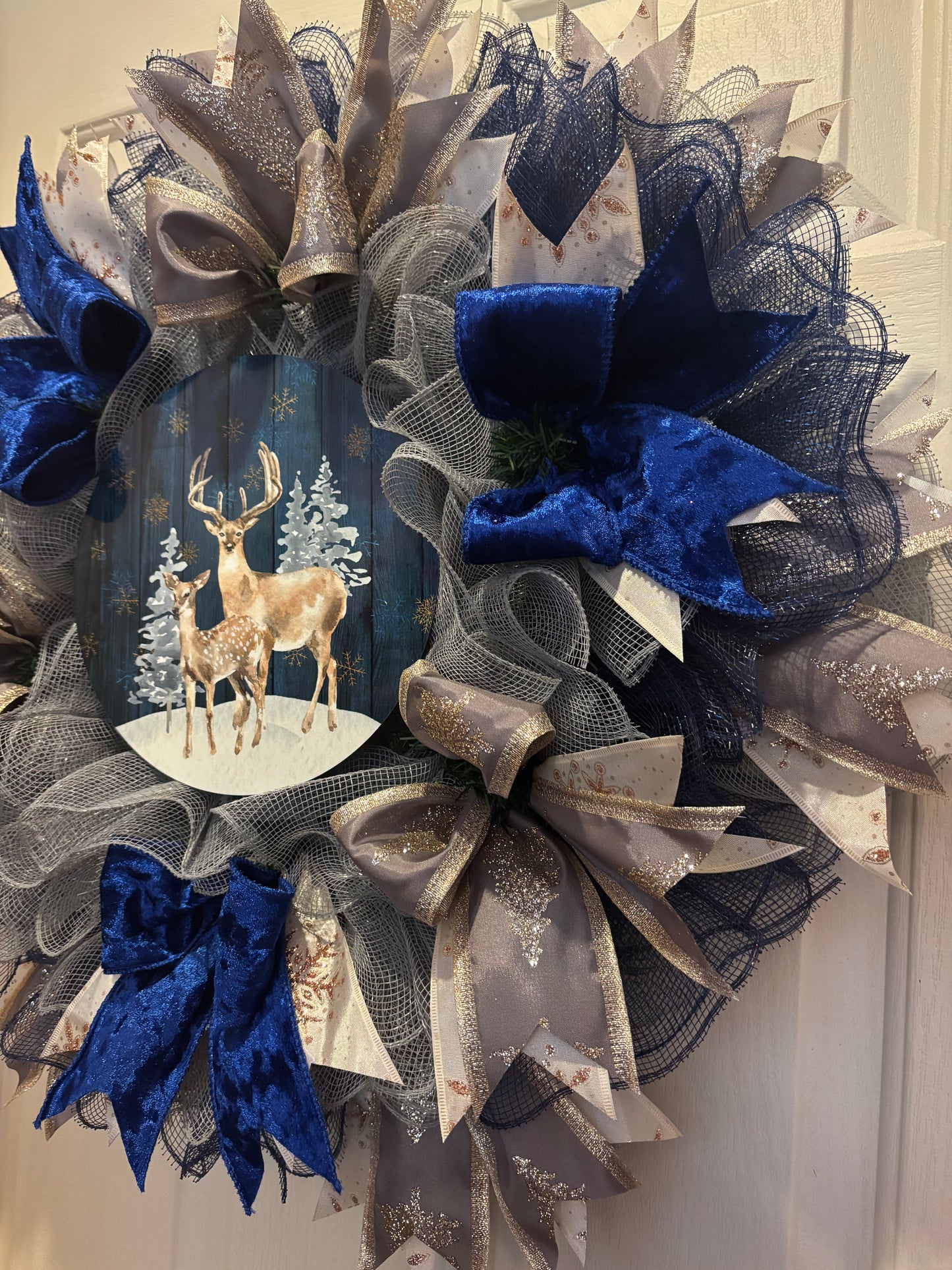 Winter Blue Velvet & Gold Deer Handmade Custom Wreath