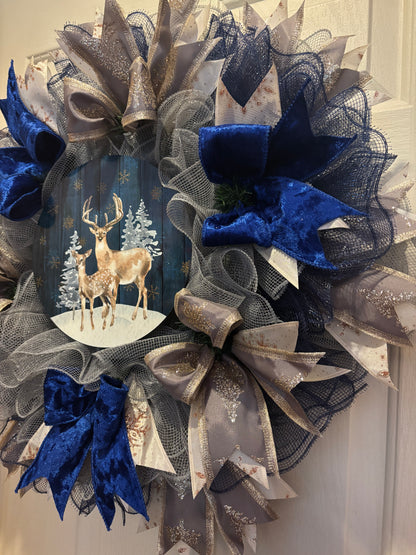 Winter Blue Velvet & Gold Deer Handmade Custom Wreath
