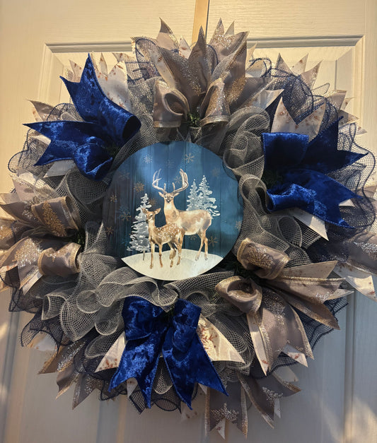 Winter Blue Velvet & Gold Deer Handmade Custom Wreath