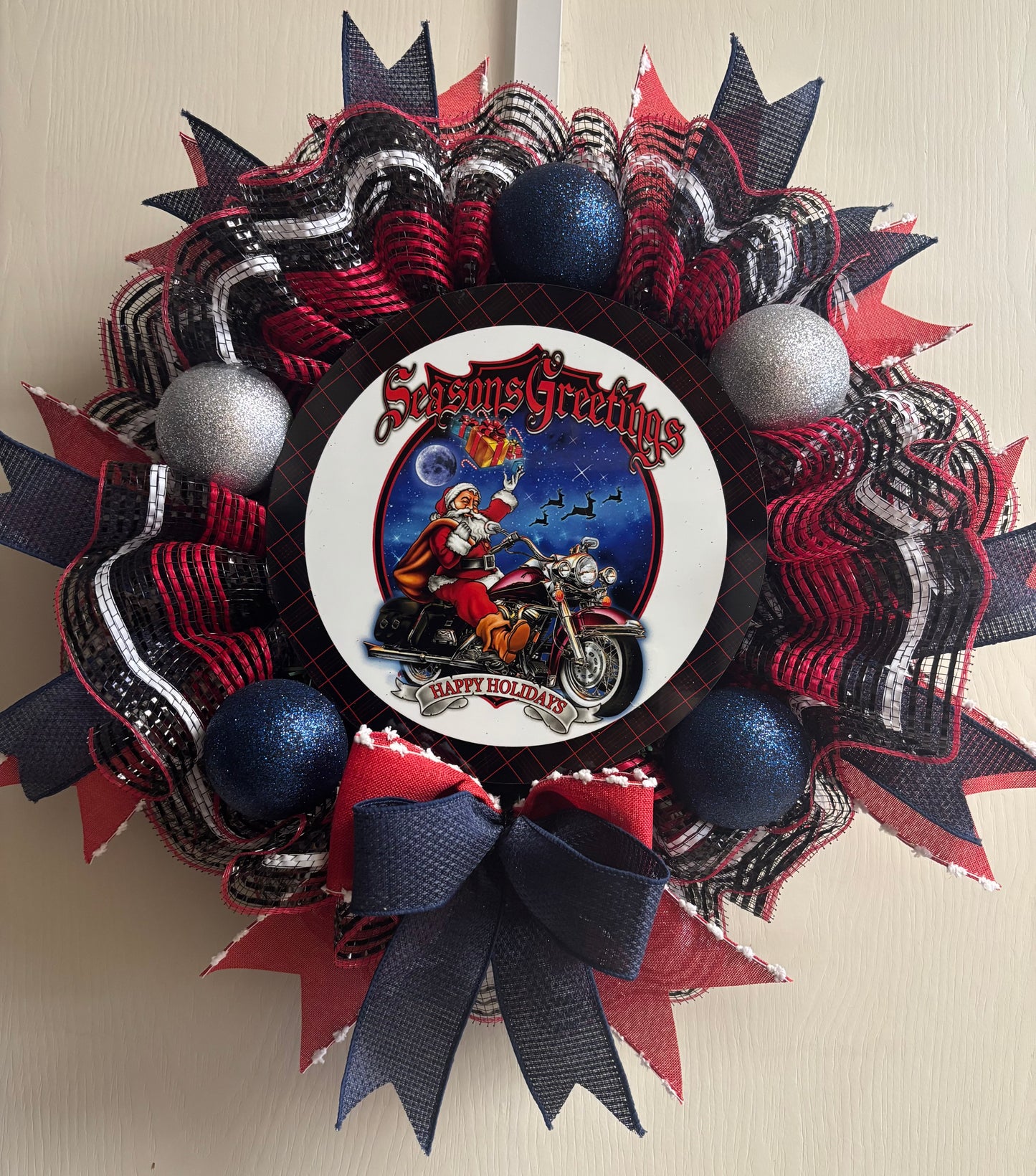 Season's Greetings Motorcycle Santa Handmade Custom Wreath