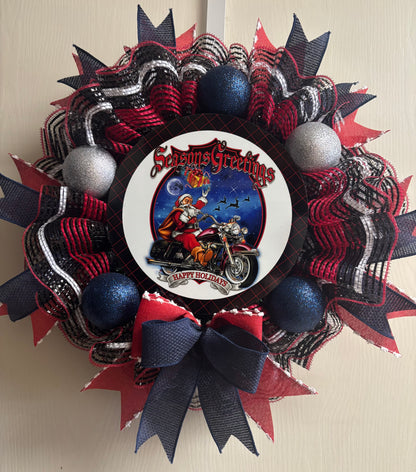 Season's Greetings Motorcycle Santa Handmade Custom Wreath