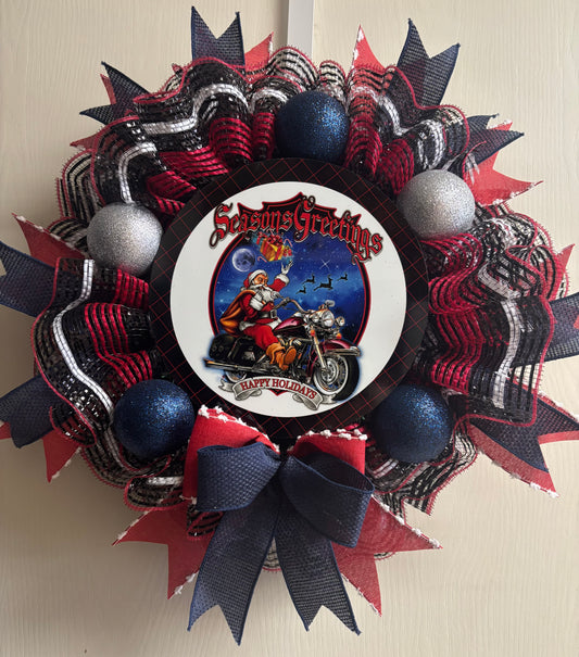 Season's Greetings Motorcycle Santa Handmade Custom Wreath