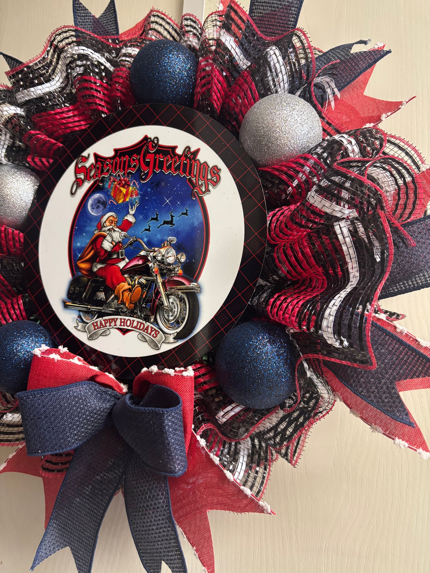 Season's Greetings Motorcycle Santa Handmade Custom Wreath