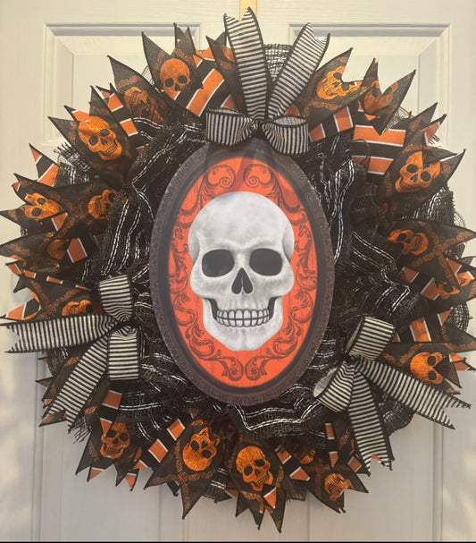 Halloween Orange & Black Classic Skull Handmade Custom Wreath