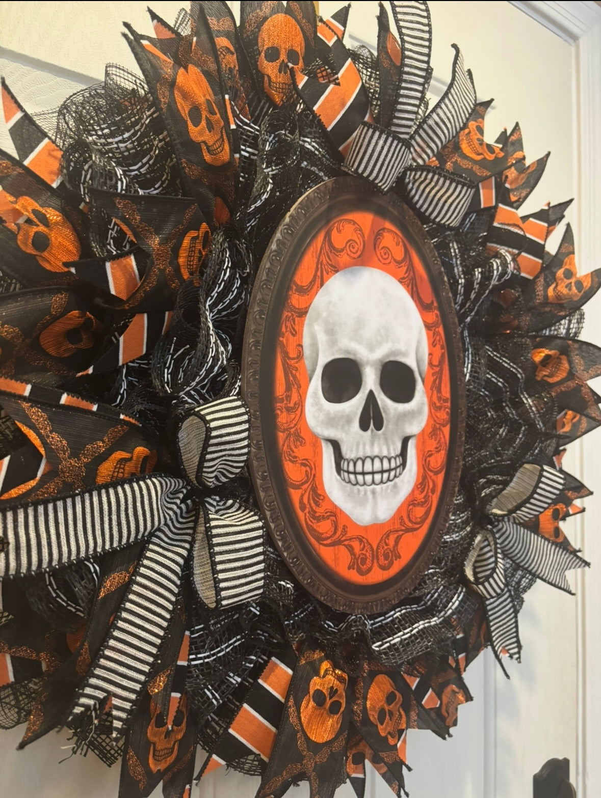 Halloween Orange & Black Classic Skull Handmade Custom Wreath