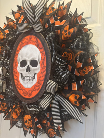 Halloween Orange & Black Classic Skull Handmade Custom Wreath