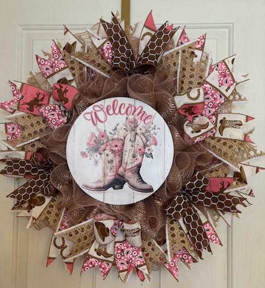 Custom Handmade Welcome Cowgirl Boots Wreath