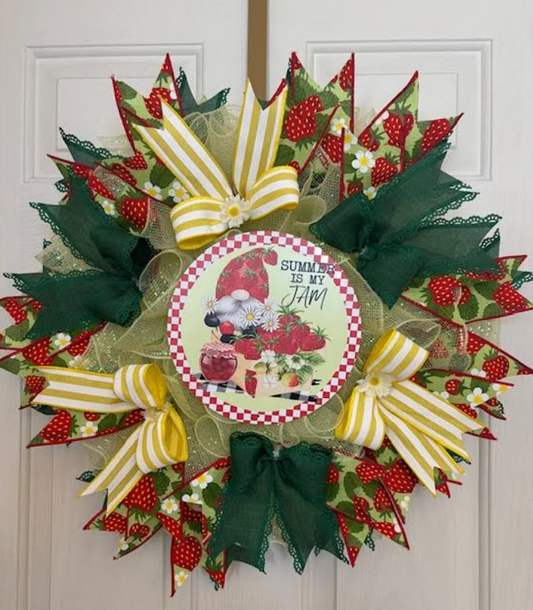 Custom Handmade Gnome & Strawberry 'Summer is my Jam' Wreath
