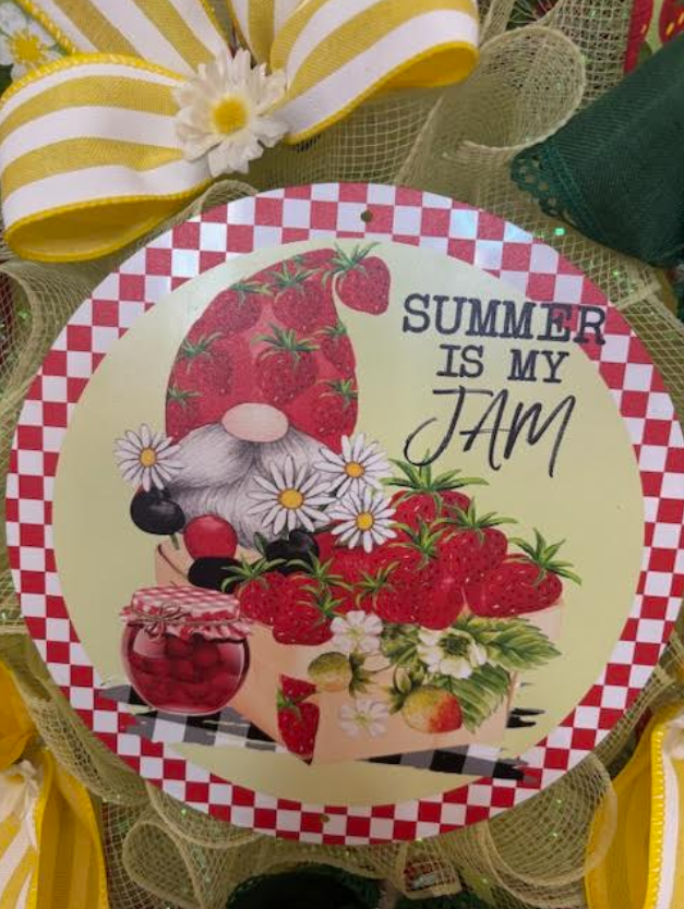 Custom Handmade Gnome & Strawberry 'Summer is my Jam' Wreath