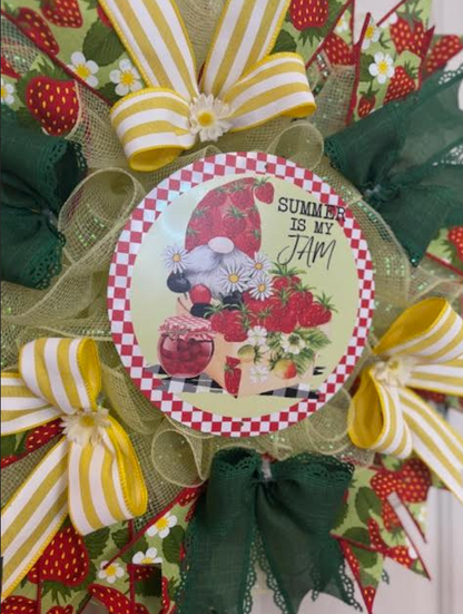 Custom Handmade Gnome & Strawberry 'Summer is my Jam' Wreath