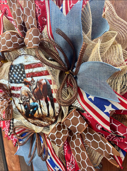 Custom Handmade Patriotic Cowboy and Horse Wreath