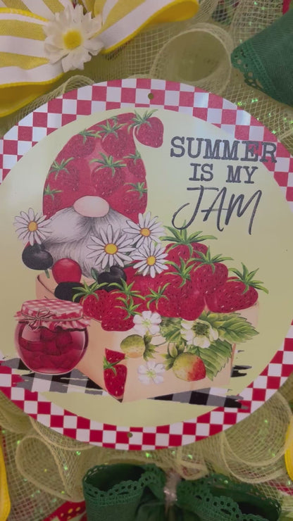 Custom Handmade Gnome & Strawberry 'Summer is my Jam' Wreath